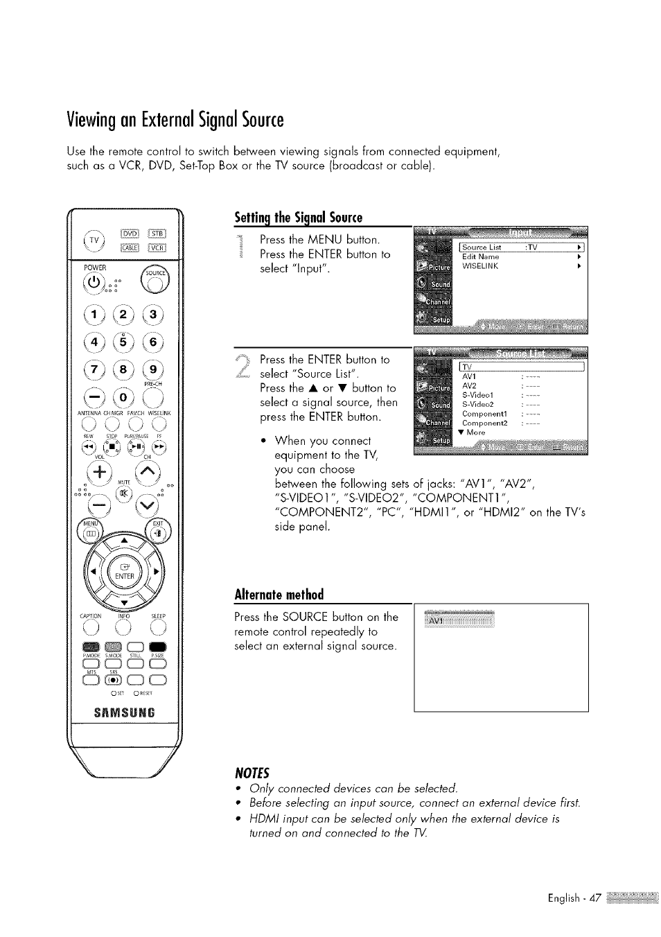 Viewing an external signal source, Viewing an external signal source.47 | Samsung HL-$4676S User Manual | Page 47 / 135