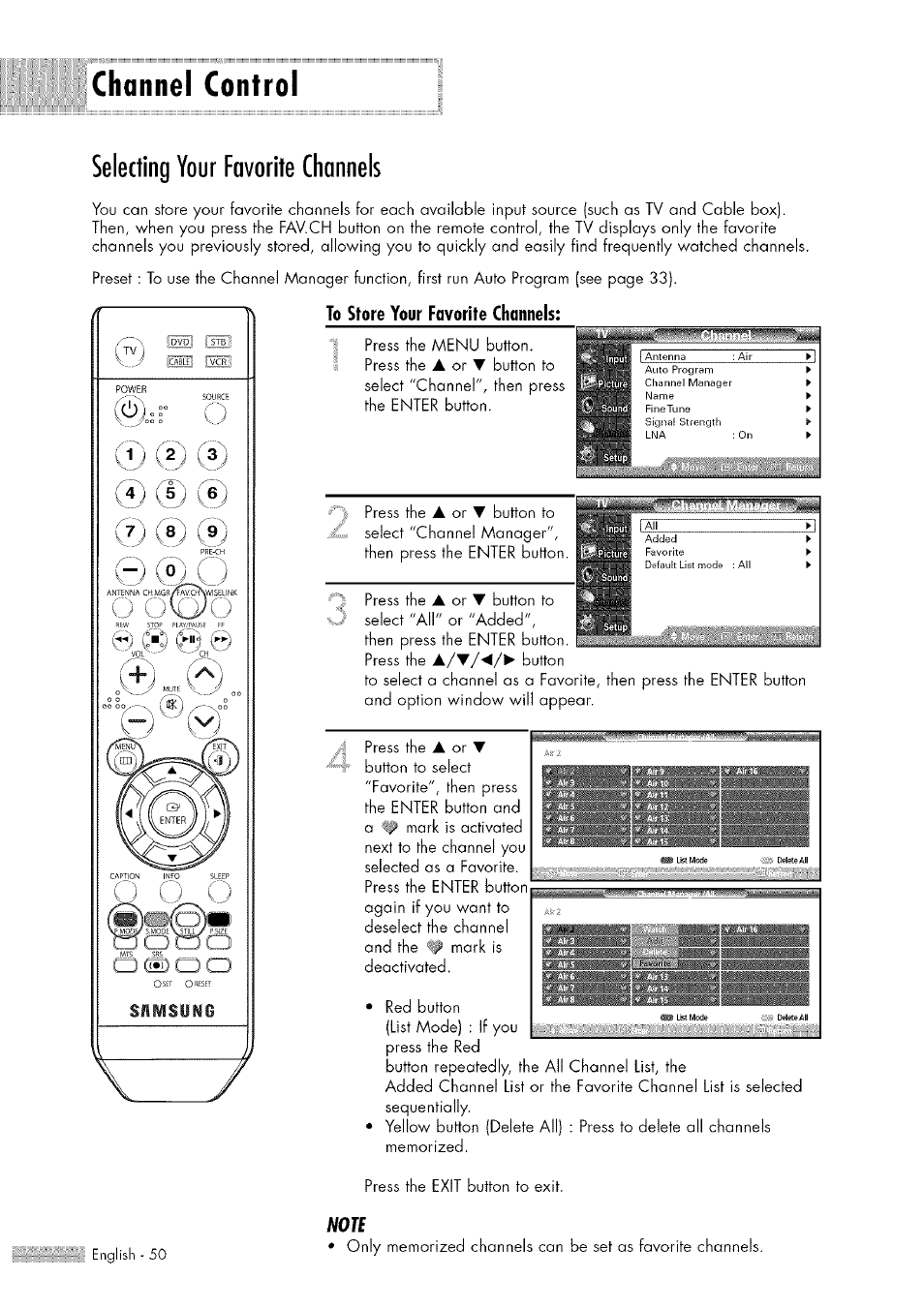 Channel control, Selecting your favorite channels, Selecting your favorite channels.50 | Channel control selecting your favorite channels, Press the menu button. press the, Press the | Samsung HL-$4676S User Manual | Page 50 / 135