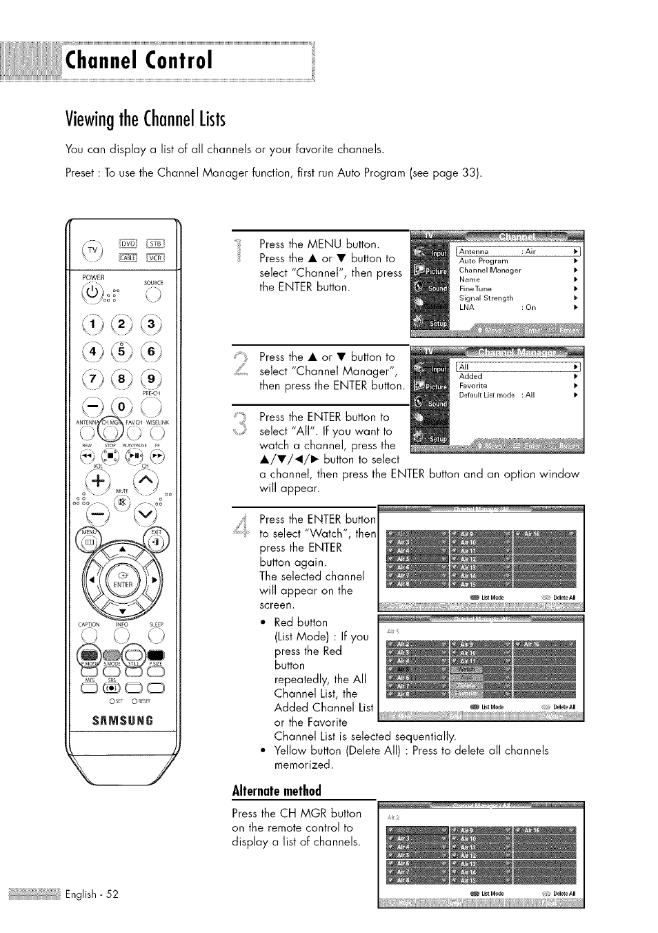 Channel control, Viewing the channel lists, Channel control viewing the channel lists | Select "channel", then press, The enter button, Press the | Samsung HL-$4676S User Manual | Page 52 / 135