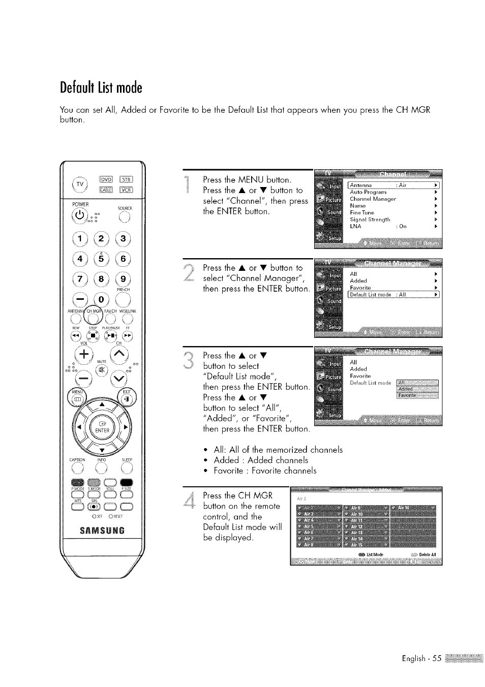 Default list mode, Press the | Samsung HL-$4676S User Manual | Page 55 / 135