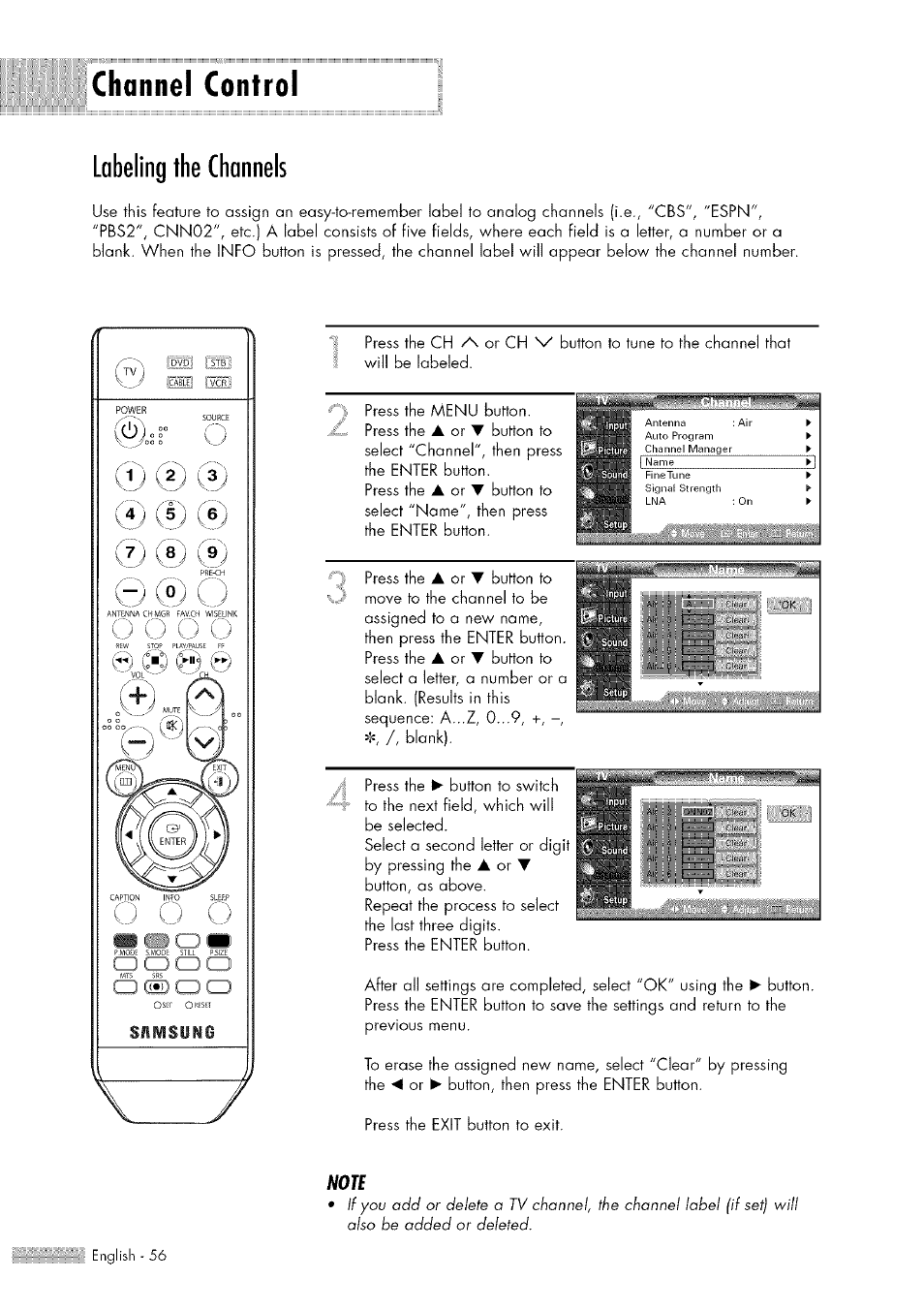 Channel control, Labeling the channels, Channel control labeling the channels | Press the | Samsung HL-$4676S User Manual | Page 56 / 135