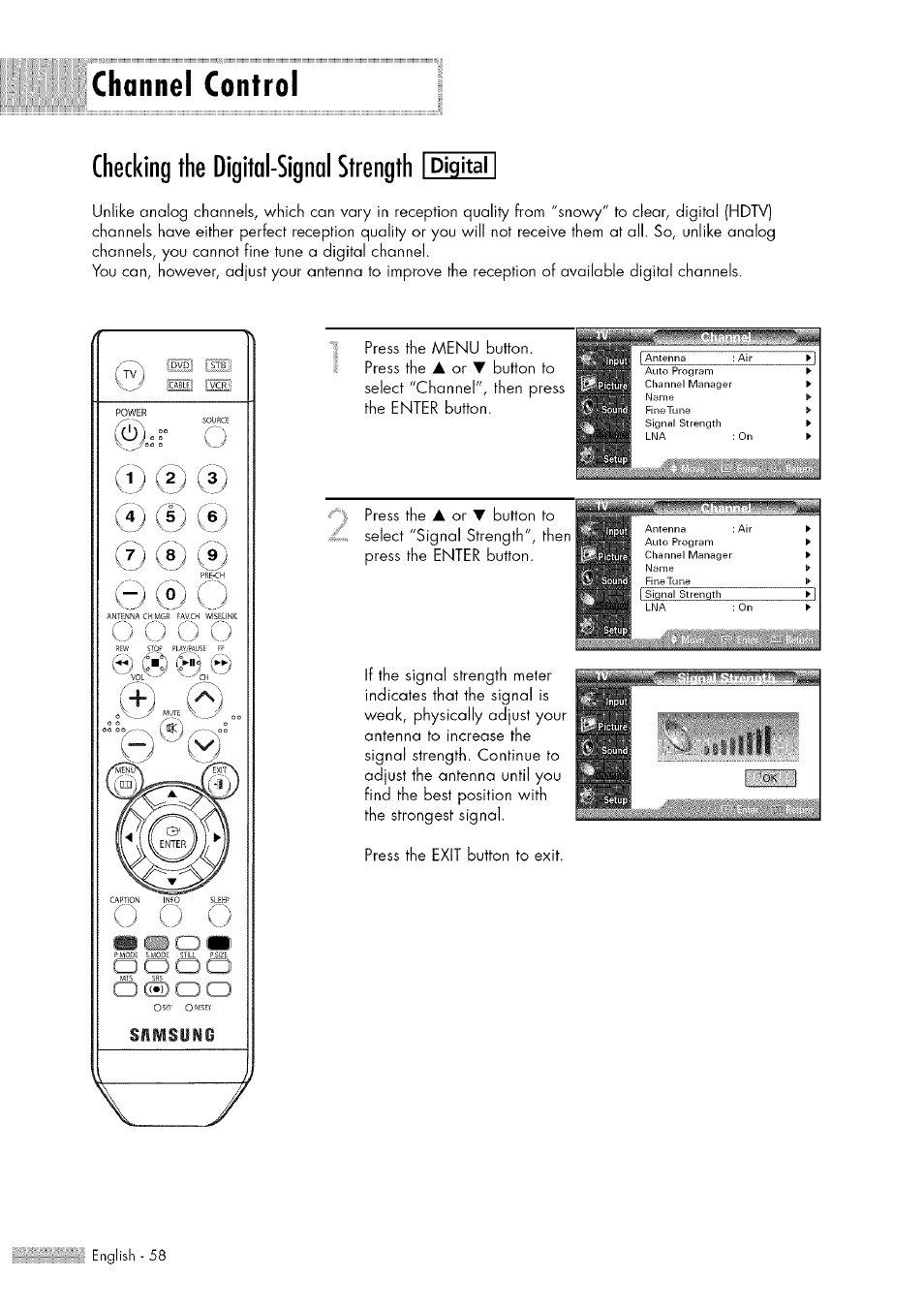 Channel control, Checking the digital-signal strength i digital, Checking the digital-signal strength 58 | Press the menu button, Press the, Button to, Select "channel", then press, The enter button | Samsung HL-$4676S User Manual | Page 58 / 135