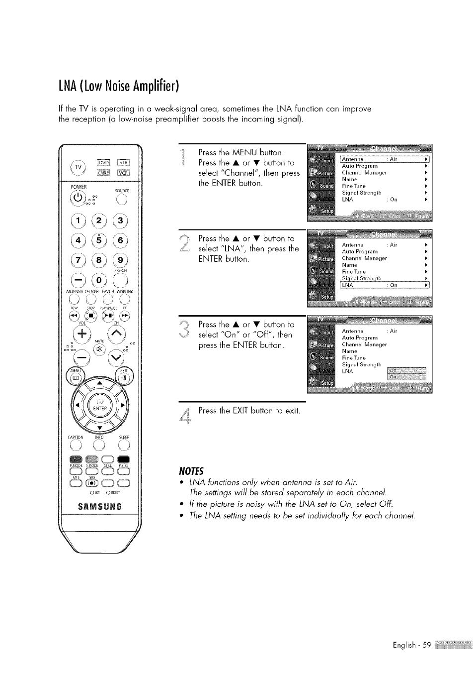 Lna (low noise amplifier), Press the, Press the exit button to exit | Samsung HL-$4676S User Manual | Page 59 / 135