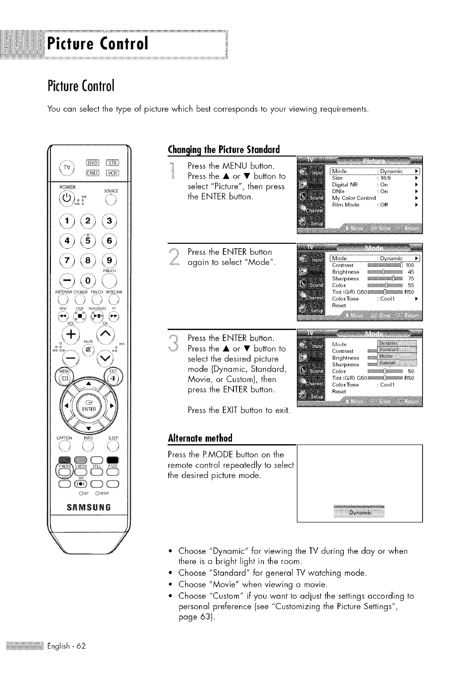 Picture control, Press the menu button. press the | Samsung HL-$4676S User Manual | Page 62 / 135