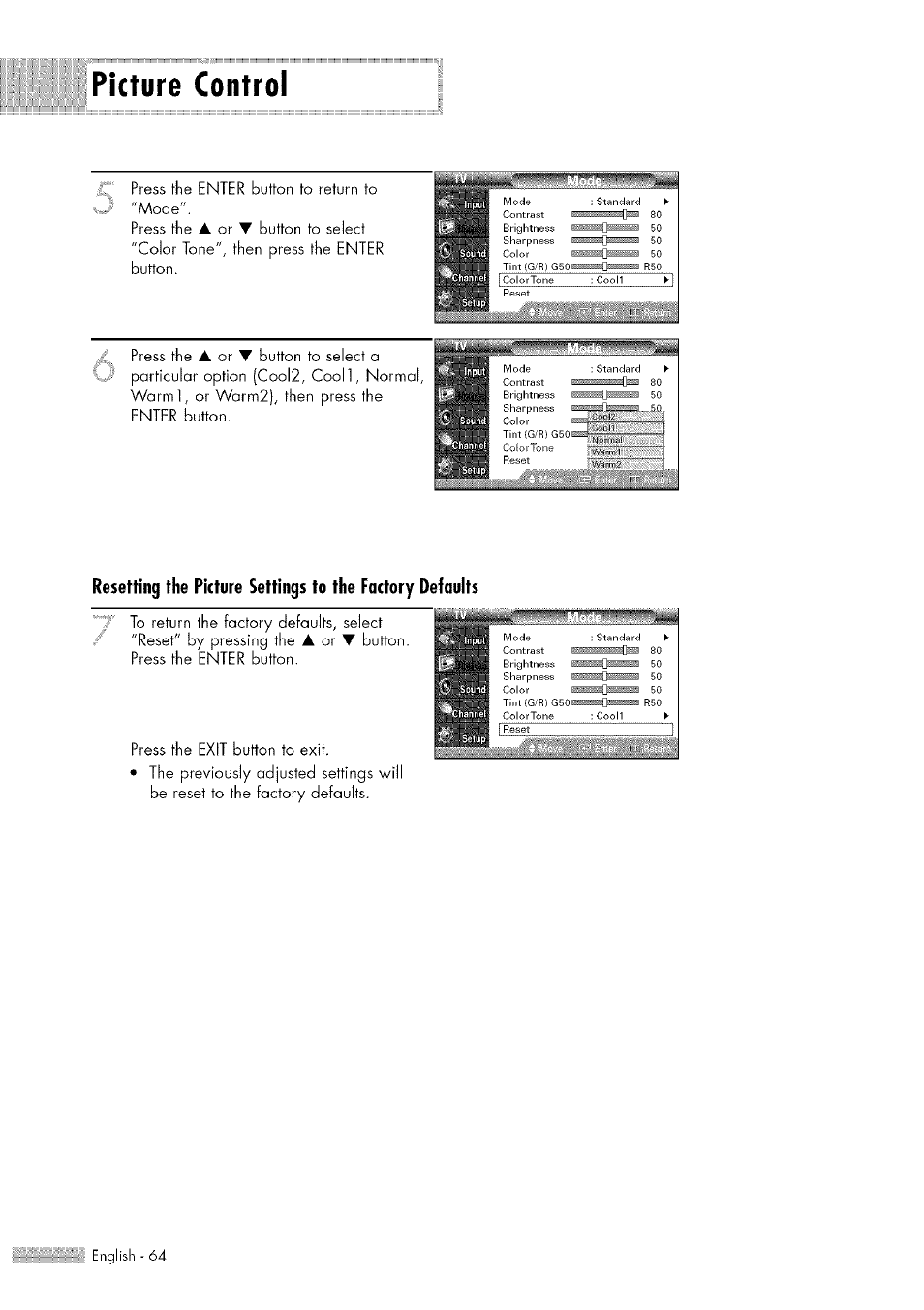 Picture control, Button. press the enter button | Samsung HL-$4676S User Manual | Page 64 / 135
