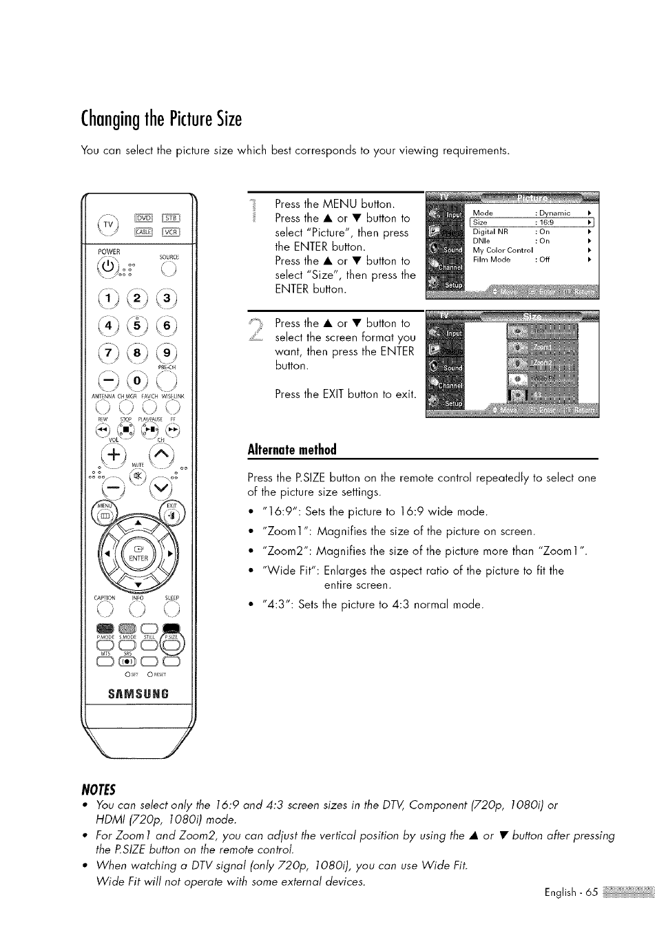 Changing the picture size, Press the, Use wide | Samsung HL-$4676S User Manual | Page 65 / 135