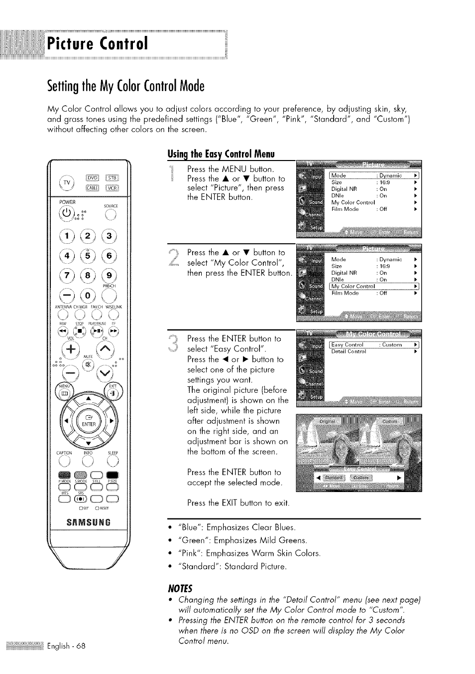 Picture control, Setting the my color control mode, Setting the my color control mode.68 | Picture control setting the my color control mode, Press the menu button. press the a or t button to, Id ► select
