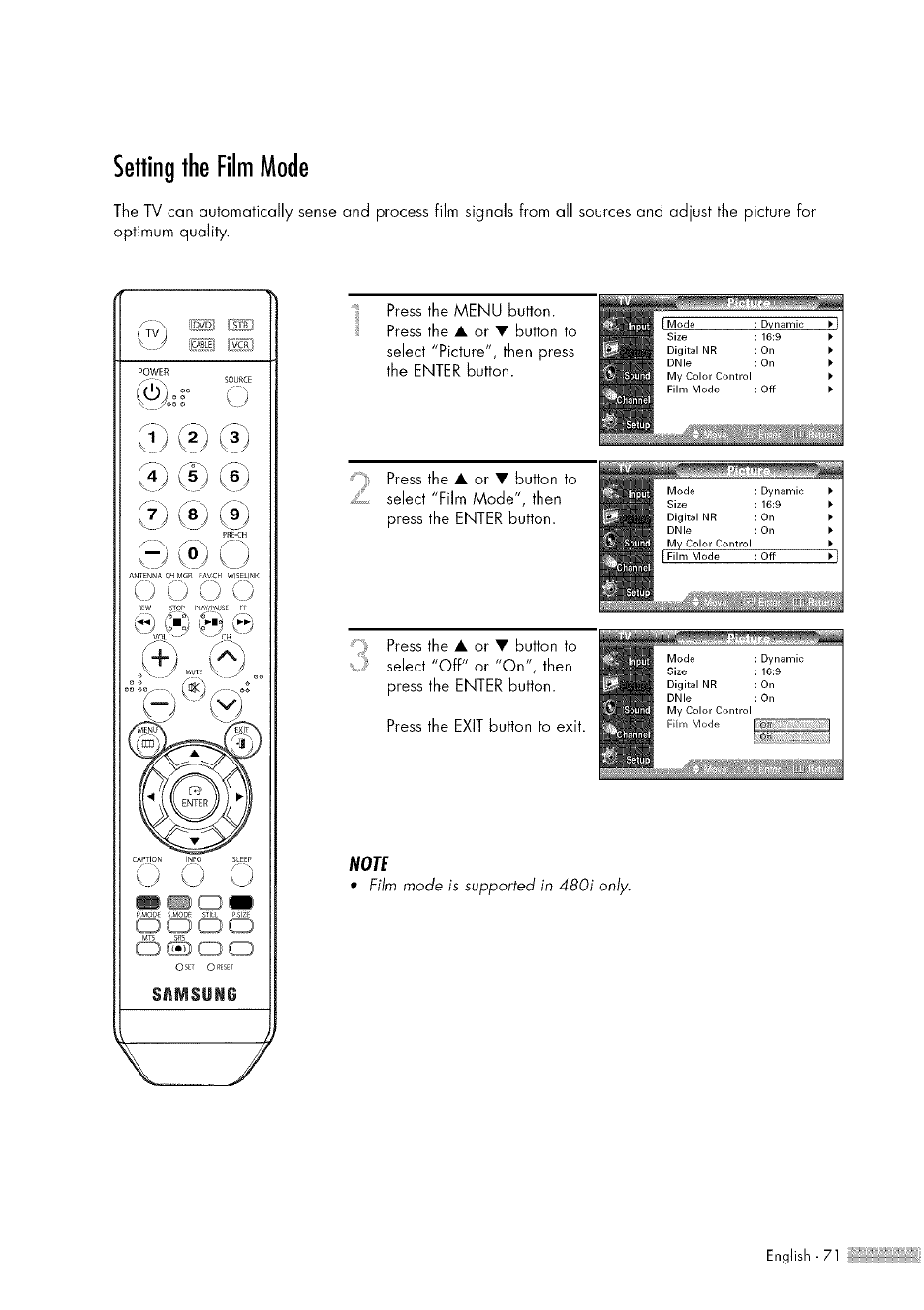 Setting the film mode, Press the | Samsung HL-$4676S User Manual | Page 71 / 135