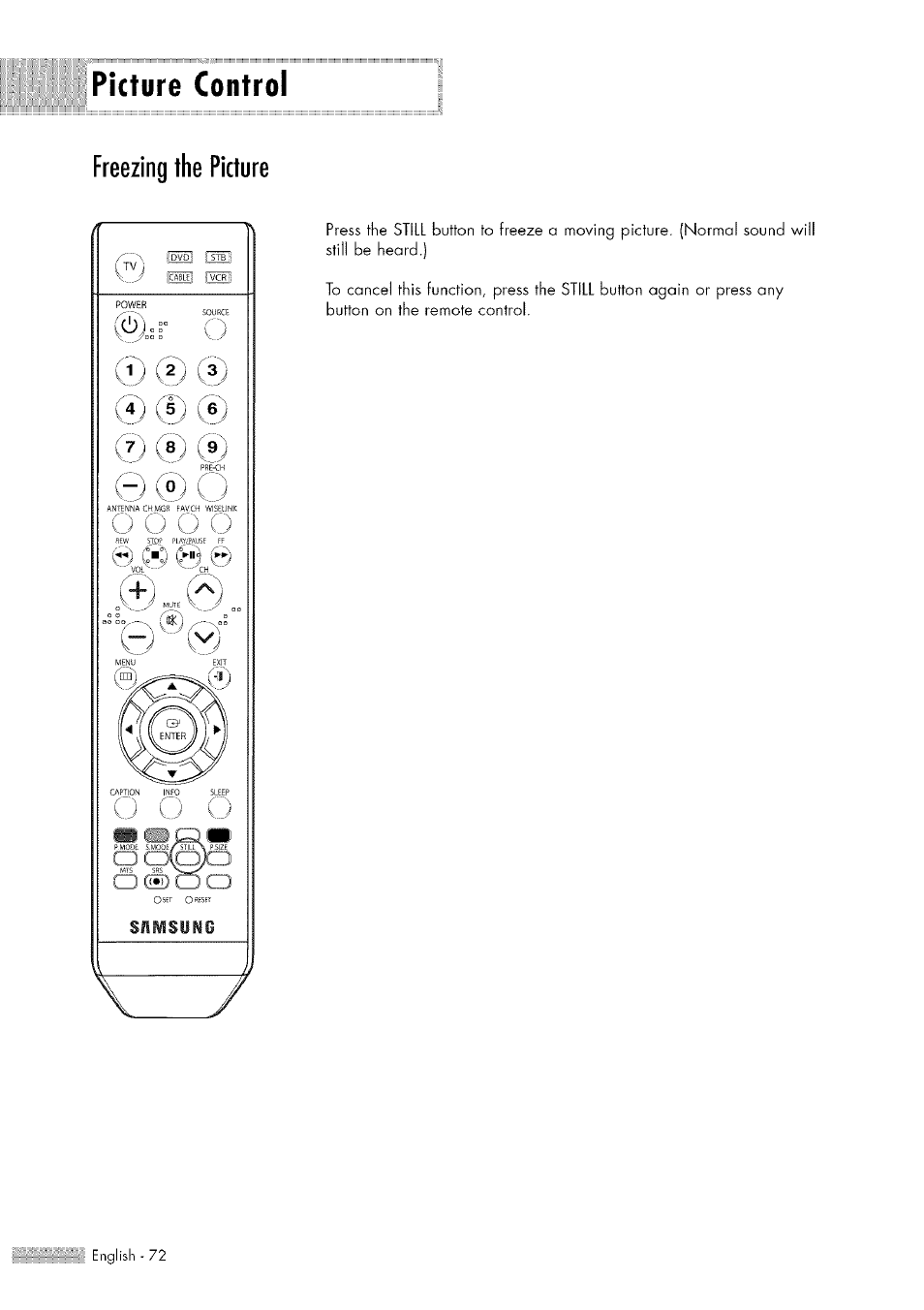 Freezing the picture, Picture control | Samsung HL-$4676S User Manual | Page 72 / 135