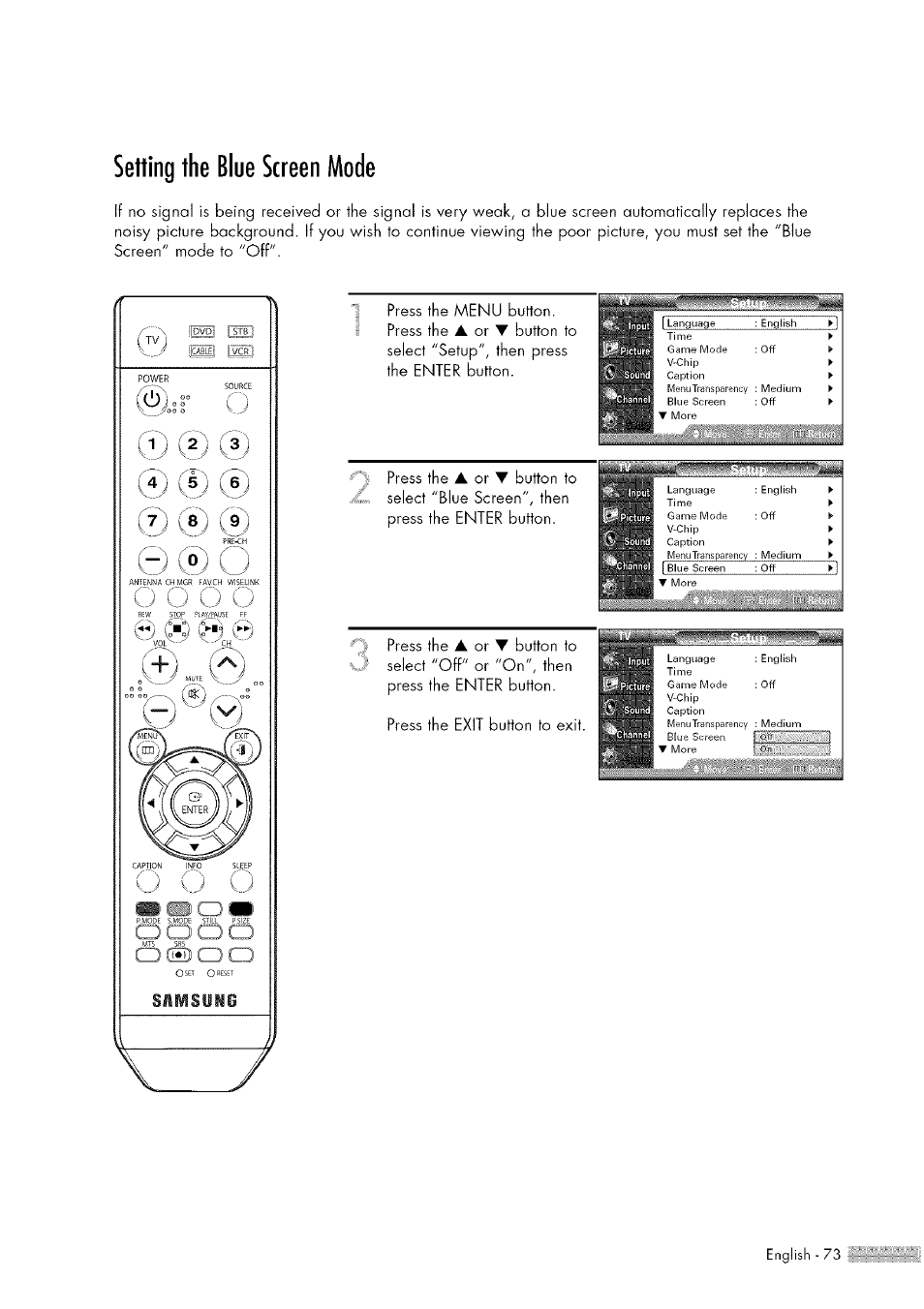 Setting the blue screen mode, Setting the blue screen mode.73, S ▼ moi | Samsung HL-$4676S User Manual | Page 73 / 135