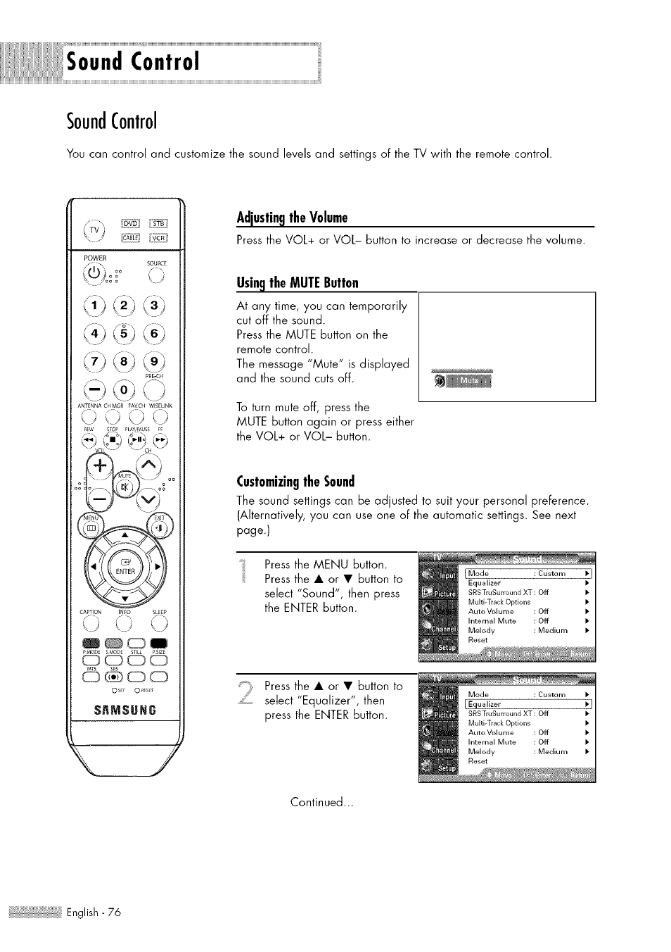 Sound control, Continued, Adjusting the volume | Using the mute button, Customizing the sound | Samsung HL-$4676S User Manual | Page 76 / 135