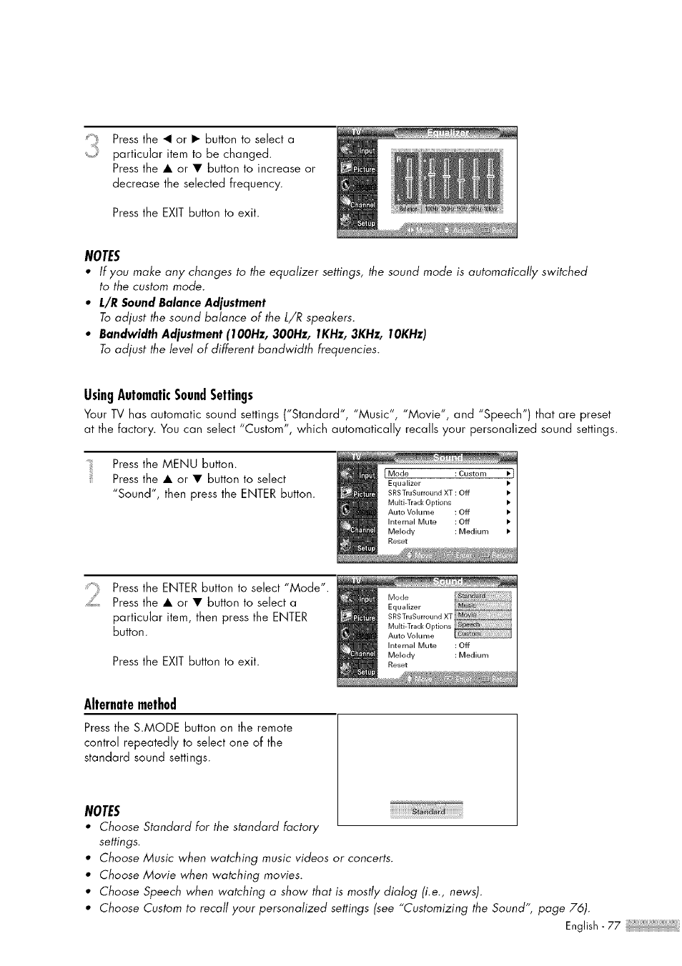Stoticjtjrc, Using automafic sound settings, Alternate method | Samsung HL-$4676S User Manual | Page 77 / 135