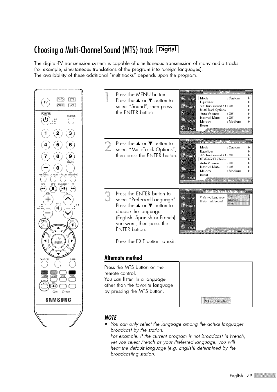 Choosing a multi-channel sound (mts) track, I digital | Samsung HL-$4676S User Manual | Page 79 / 135