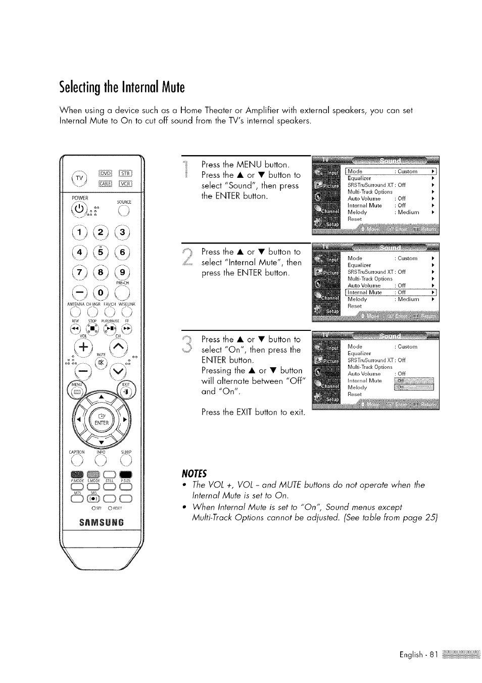 Selecting the internal mute, Press the, Or ▼ button to select "interna! mute", then | Press the enter button, Rt •%. t press the | Samsung HL-$4676S User Manual | Page 81 / 135