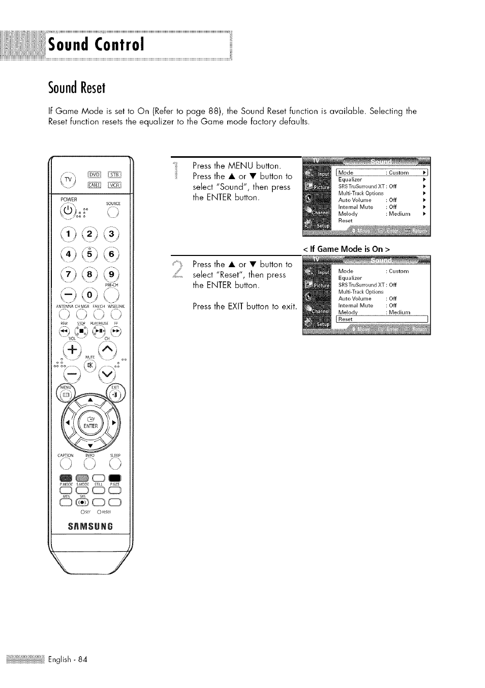 Sound control, Sound reset, Yjjsjj | Samsung HL-$4676S User Manual | Page 84 / 135
