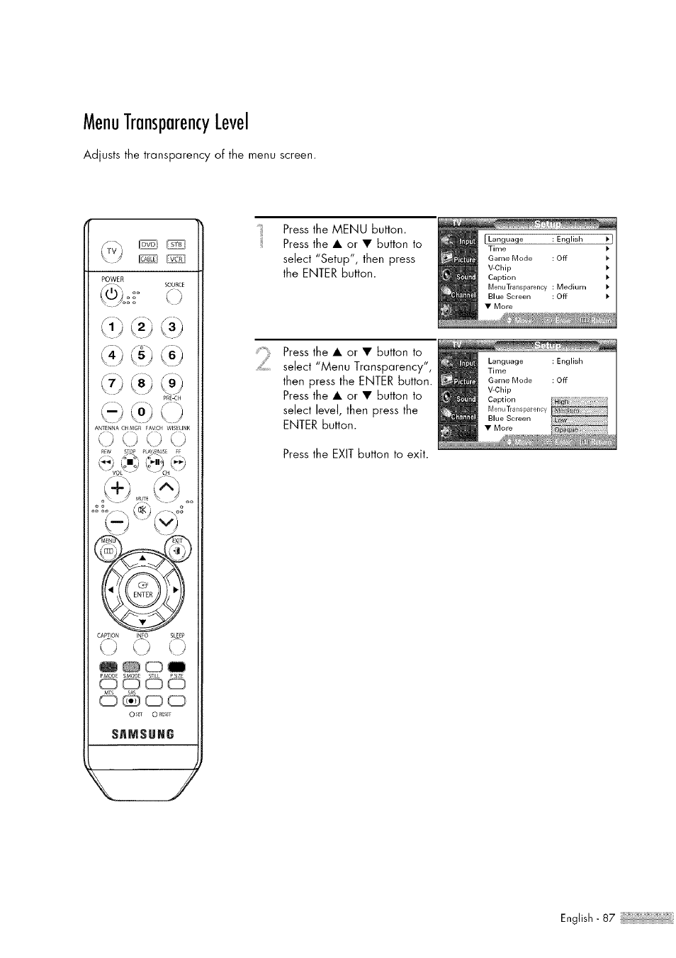 Menu transparency level, Adjusts the transparency of the menu screen, Press the menu button | Press the, Button to, Select "setup", then press, The enter button, Fjftiifit | Samsung HL-$4676S User Manual | Page 87 / 135