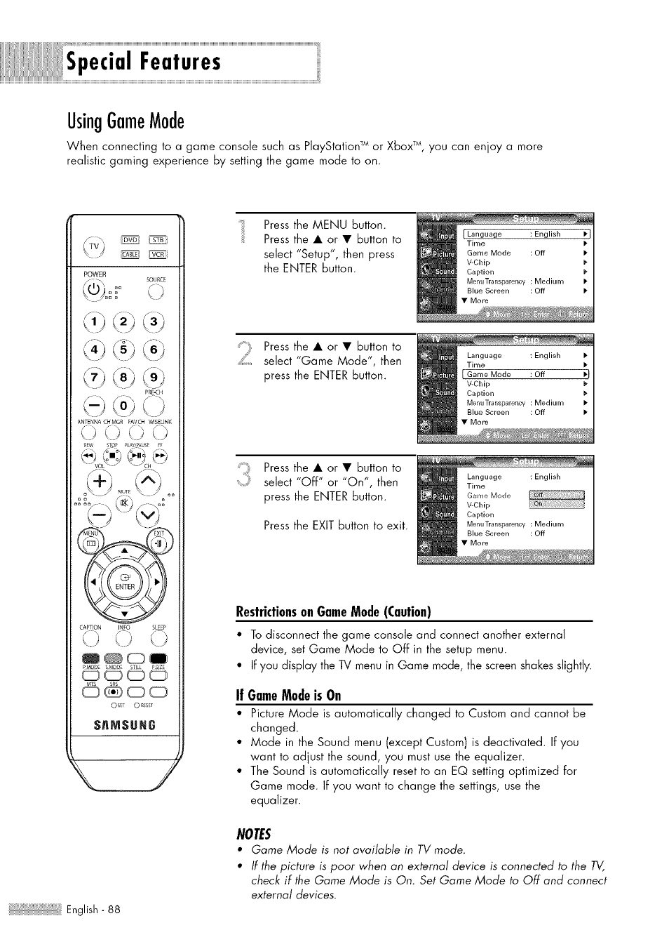 Special features, Special features using game mode, Resfrichons on game mode (caution) | If game mode is on | Samsung HL-$4676S User Manual | Page 88 / 135