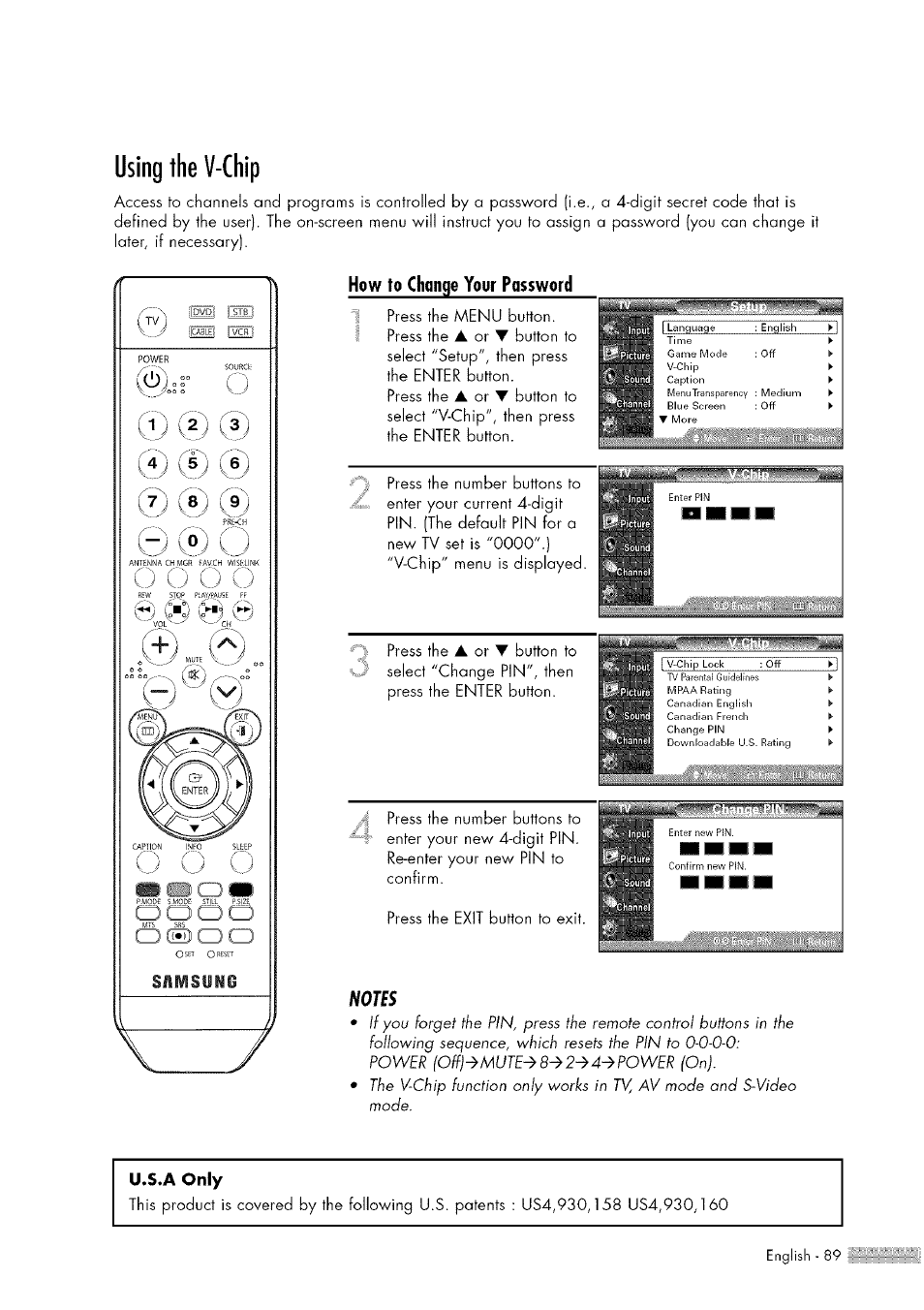 Using the v-chip, Press the menu button. press the, Blu-- le^n | Medilim, 1 press the number buttons to | Samsung HL-$4676S User Manual | Page 89 / 135