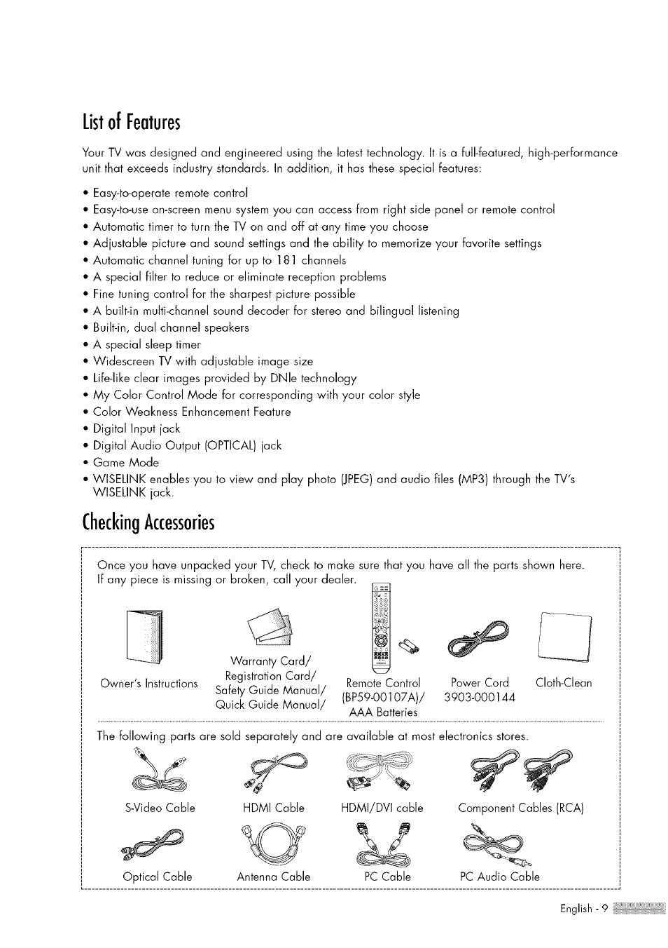 List of features, Checking accessories | Samsung HL-$4676S User Manual | Page 9 / 135