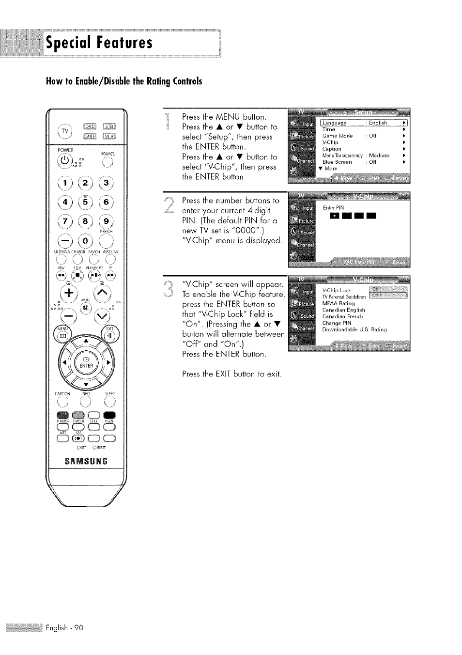 Special features, Press the menu button. press the, T; ■ ■ sask | Samsung HL-$4676S User Manual | Page 90 / 135
