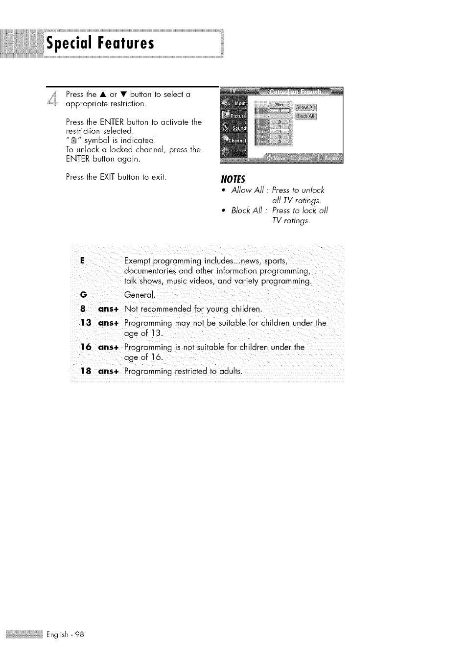 Special features, Press the, Generakt | Not recommended for young children. ; . i. v, Programming restricted to adults, i . . r : . c | Samsung HL-$4676S User Manual | Page 98 / 135