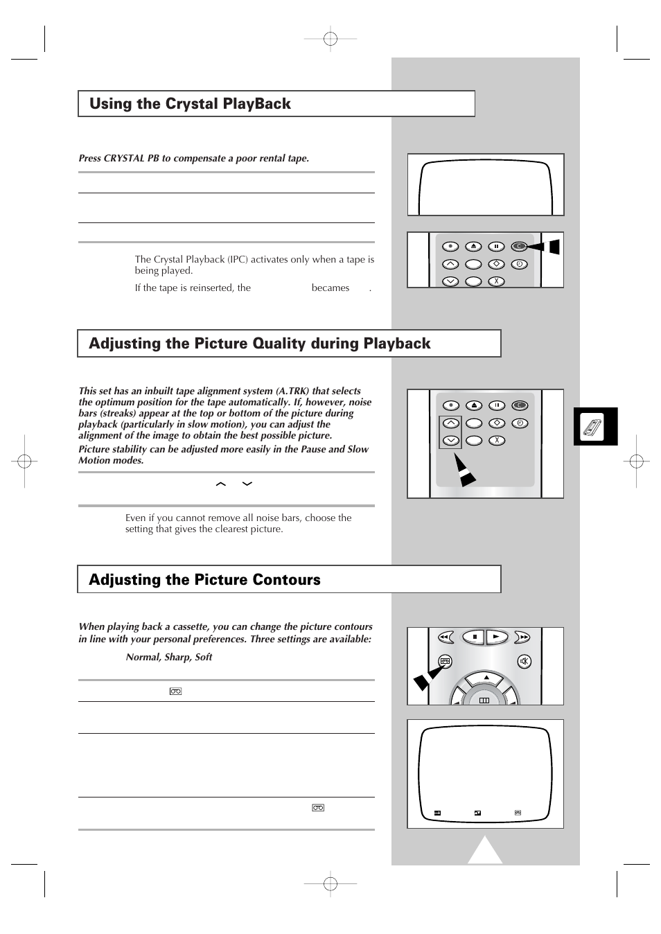 Using the crystal playback, Adjusting the picture quality during playback, Adjusting the picture contours | Samsung Colour TV/VCR User Manual | Page 25 / 56