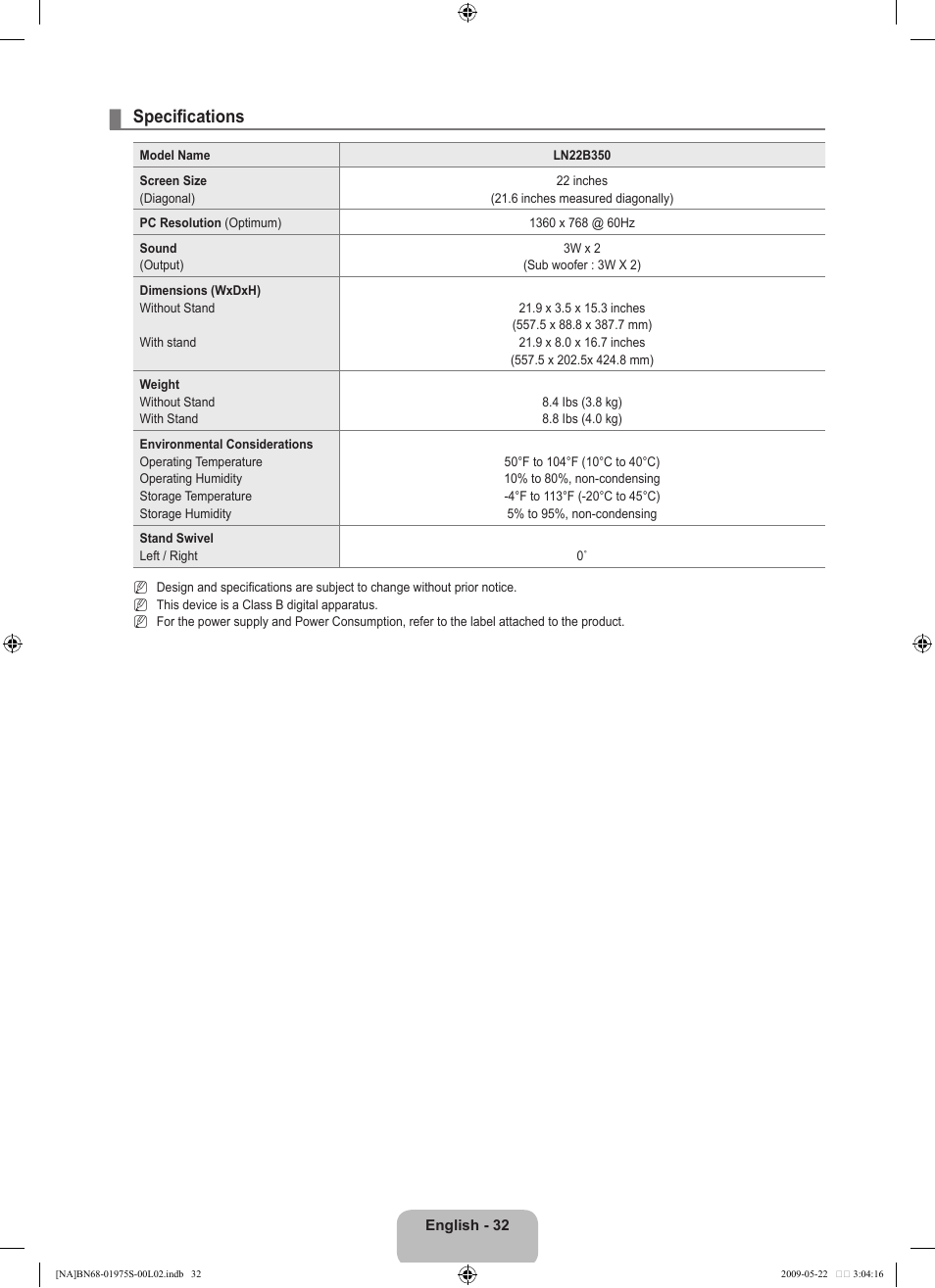 Specifications | Samsung 350 BN68 User Manual | Page 34 / 69