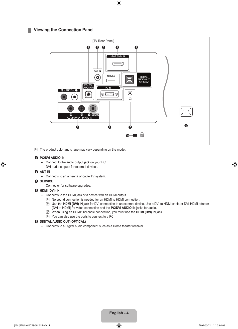 Viewing the connection panel | Samsung 350 BN68 User Manual | Page 6 / 69