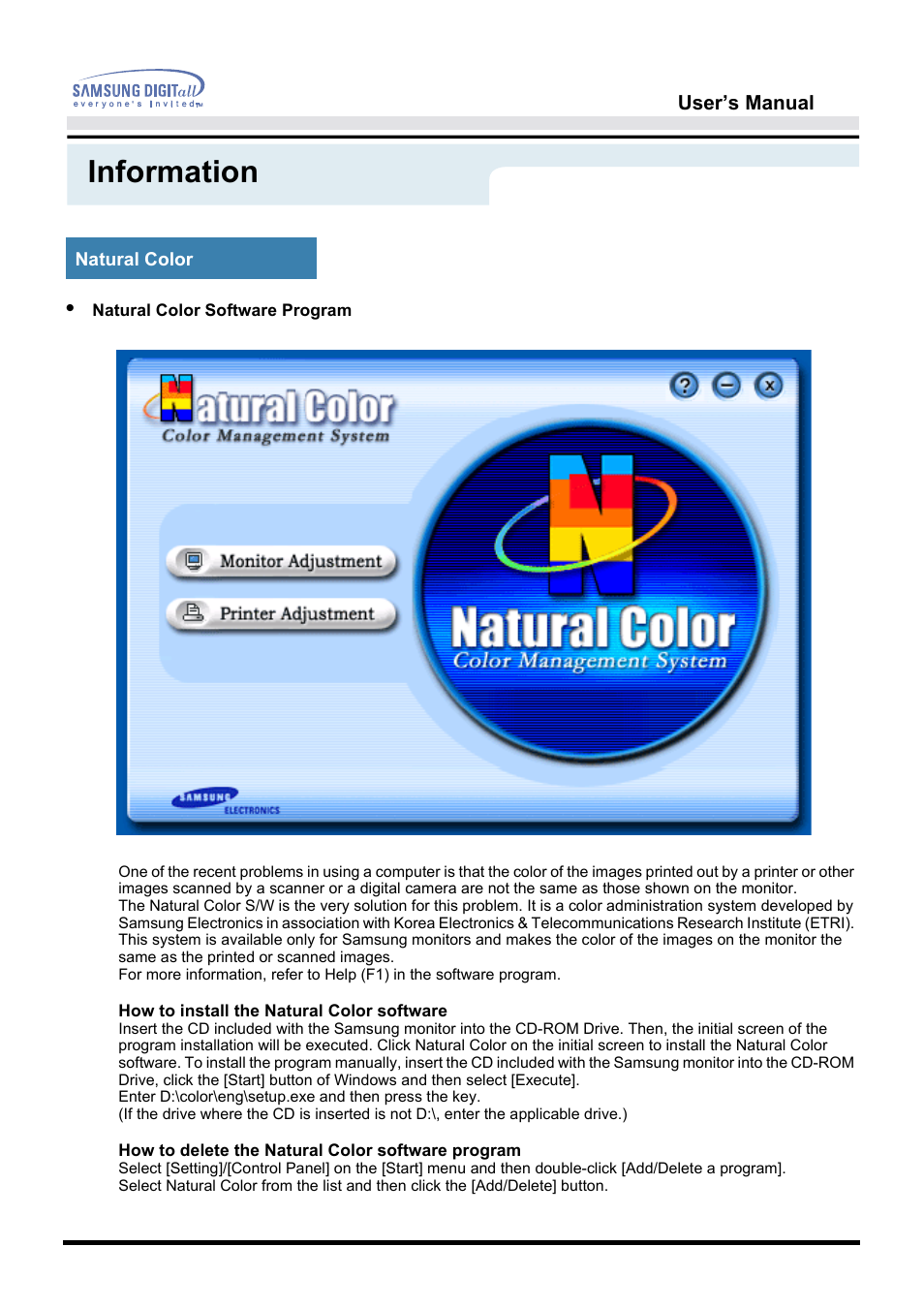 Natural color, Information | Samsung 172S User Manual | Page 49 / 51