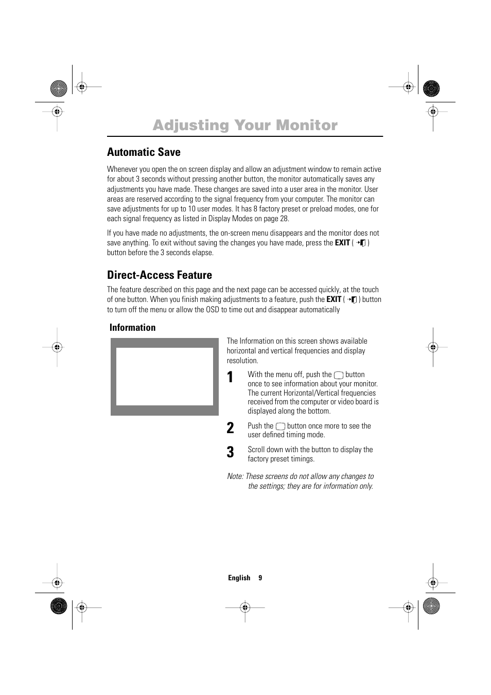Adjusting your monitor, Automatic save, Direct-access feature | Samsung 1200NF User Manual | Page 11 / 33