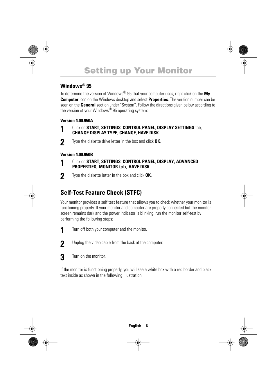 Setting up your monitor, Self-test feature check (stfc) | Samsung 1200NF User Manual | Page 8 / 33