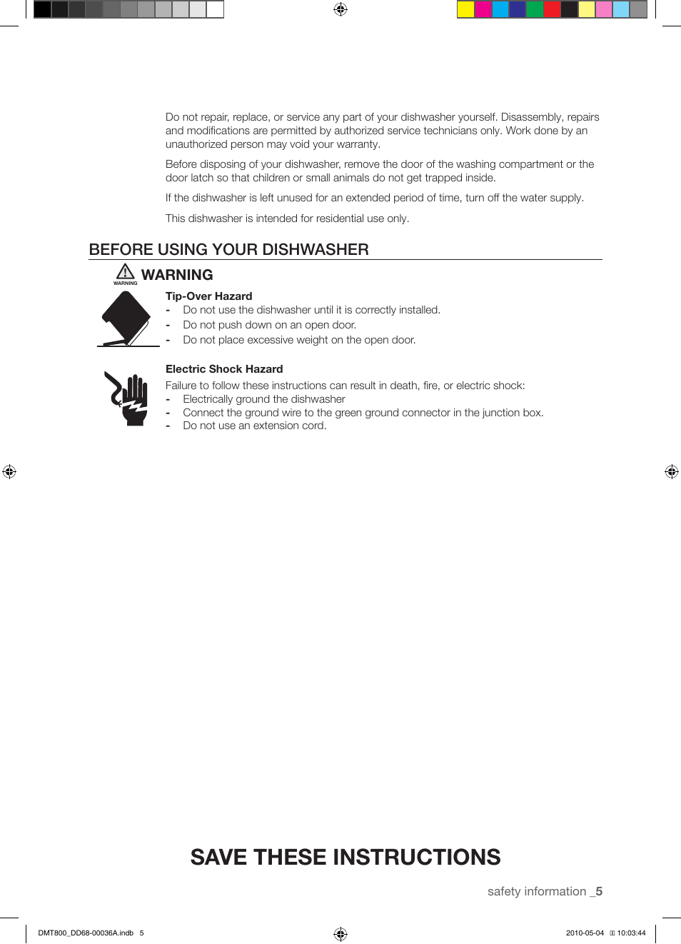 Save these instructions, Before using your dishwasher, Warning | Samsung DMT800RHS User Manual | Page 5 / 32