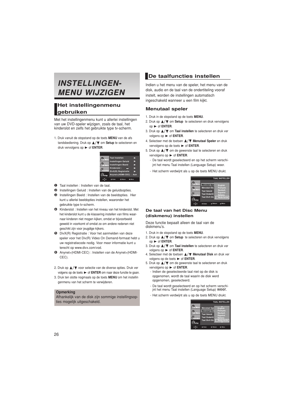 Instellingen, Instellingen - - menu wijzigen menu wijzigen, De taalfuncties instellen | Het instellingenmenu gebruiken, Menutaal speler, Weer | Samsung DVD-1080PK User Manual | Page 102 / 156