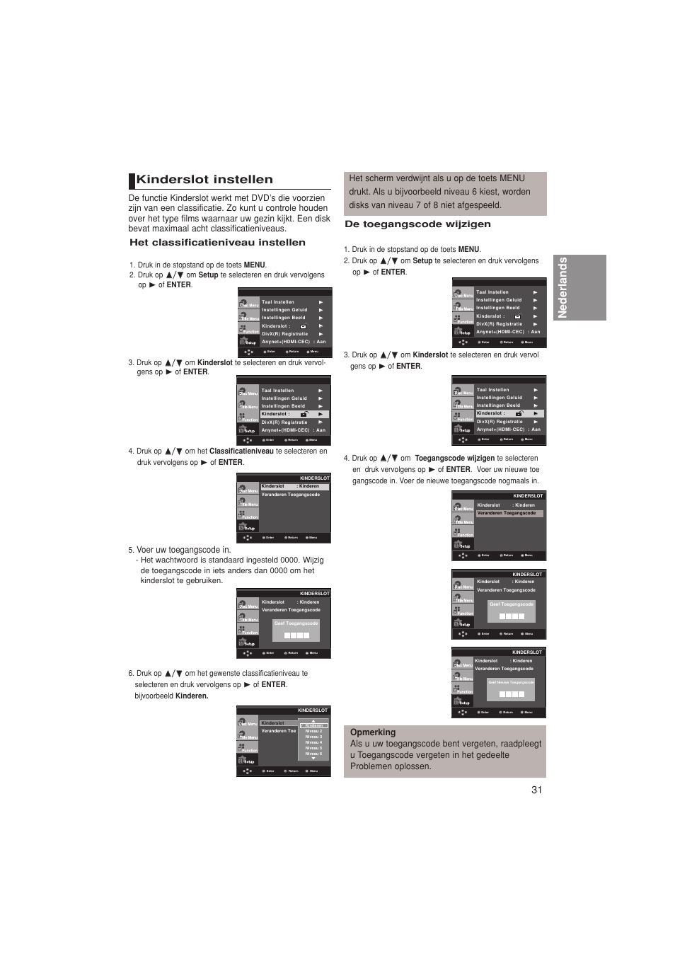 Nederlands, Kinderslot instellen, De toegangscode wijzigen | Het classificatieniveau instellen, Voer uw toegangscode in | Samsung DVD-1080PK User Manual | Page 107 / 156