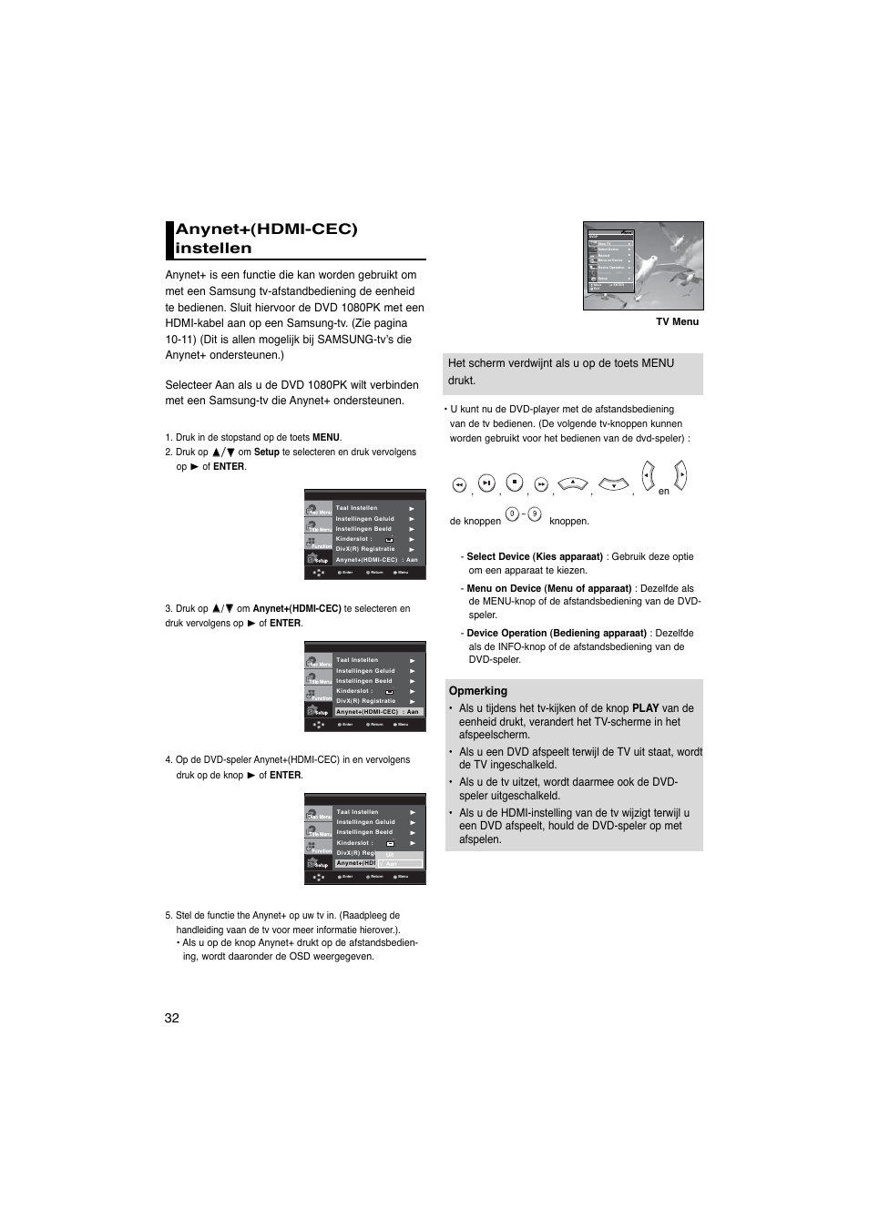 Anynet+(hdmi-cec) instellen, Het scherm verdwijnt als u op de toets menu drukt | Samsung DVD-1080PK User Manual | Page 108 / 156