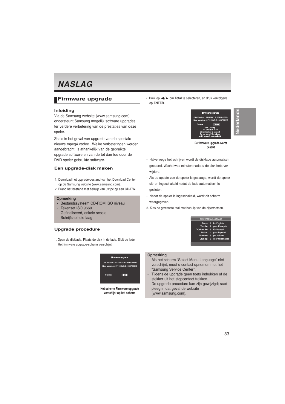 Naslag, Nederlands, Firmware upgrade | Samsung DVD-1080PK User Manual | Page 109 / 156
