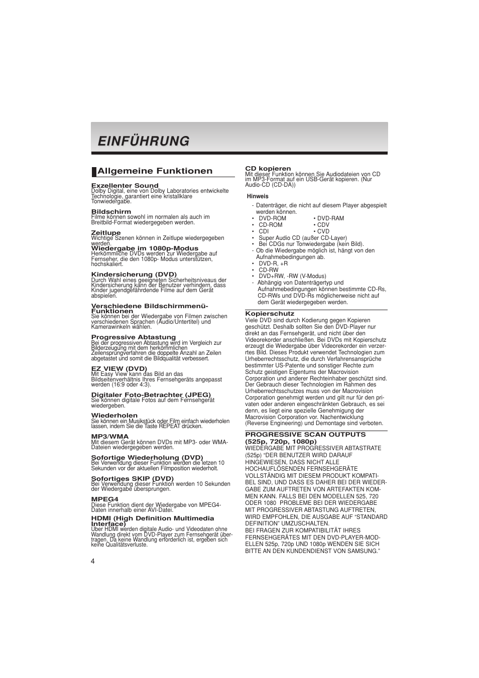 Einführung, Allgemeine funktionen | Samsung DVD-1080PK User Manual | Page 120 / 156