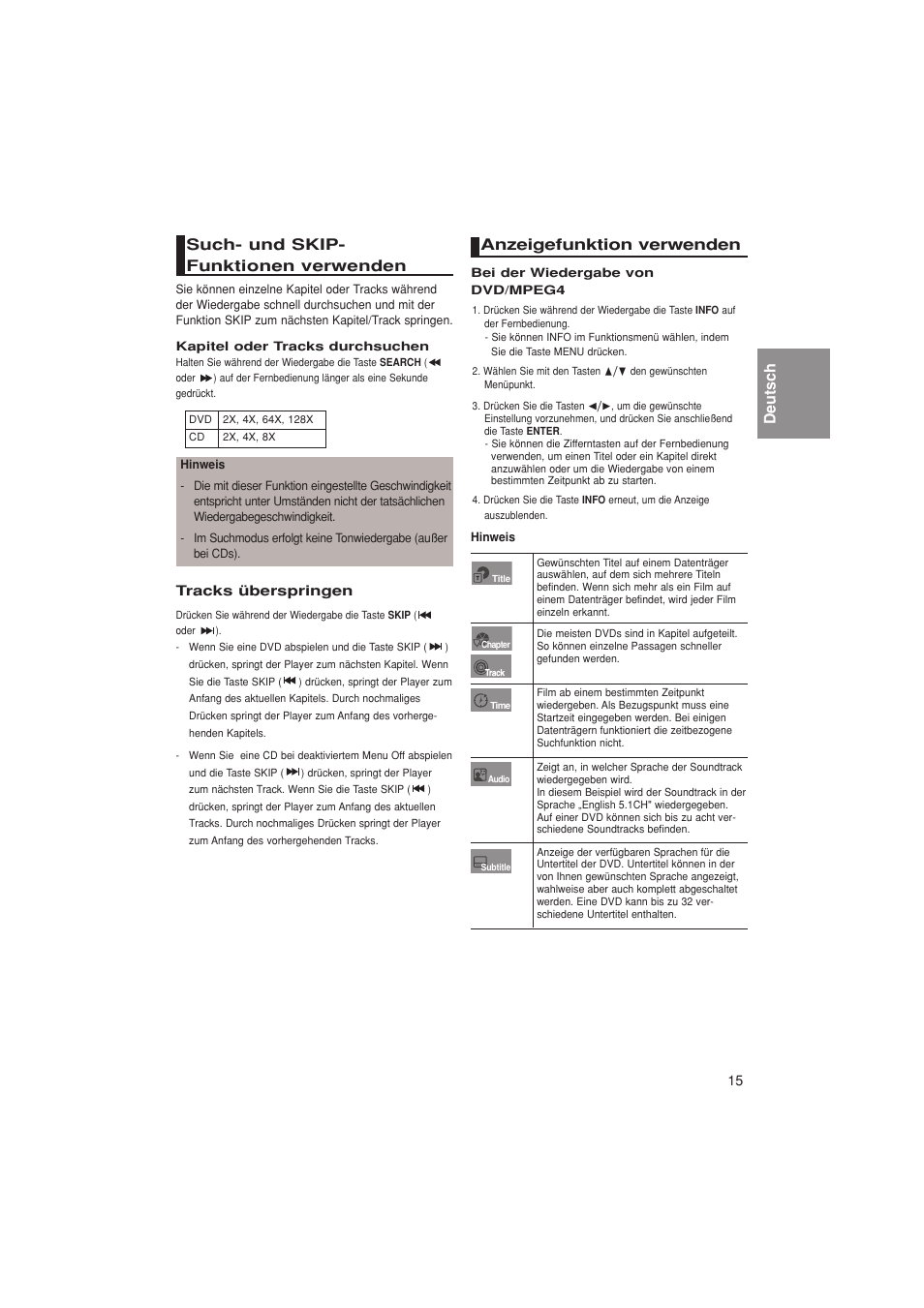 Deutsch such- und skip- funktionen verwenden, Anzeigefunktion verwenden | Samsung DVD-1080PK User Manual | Page 131 / 156