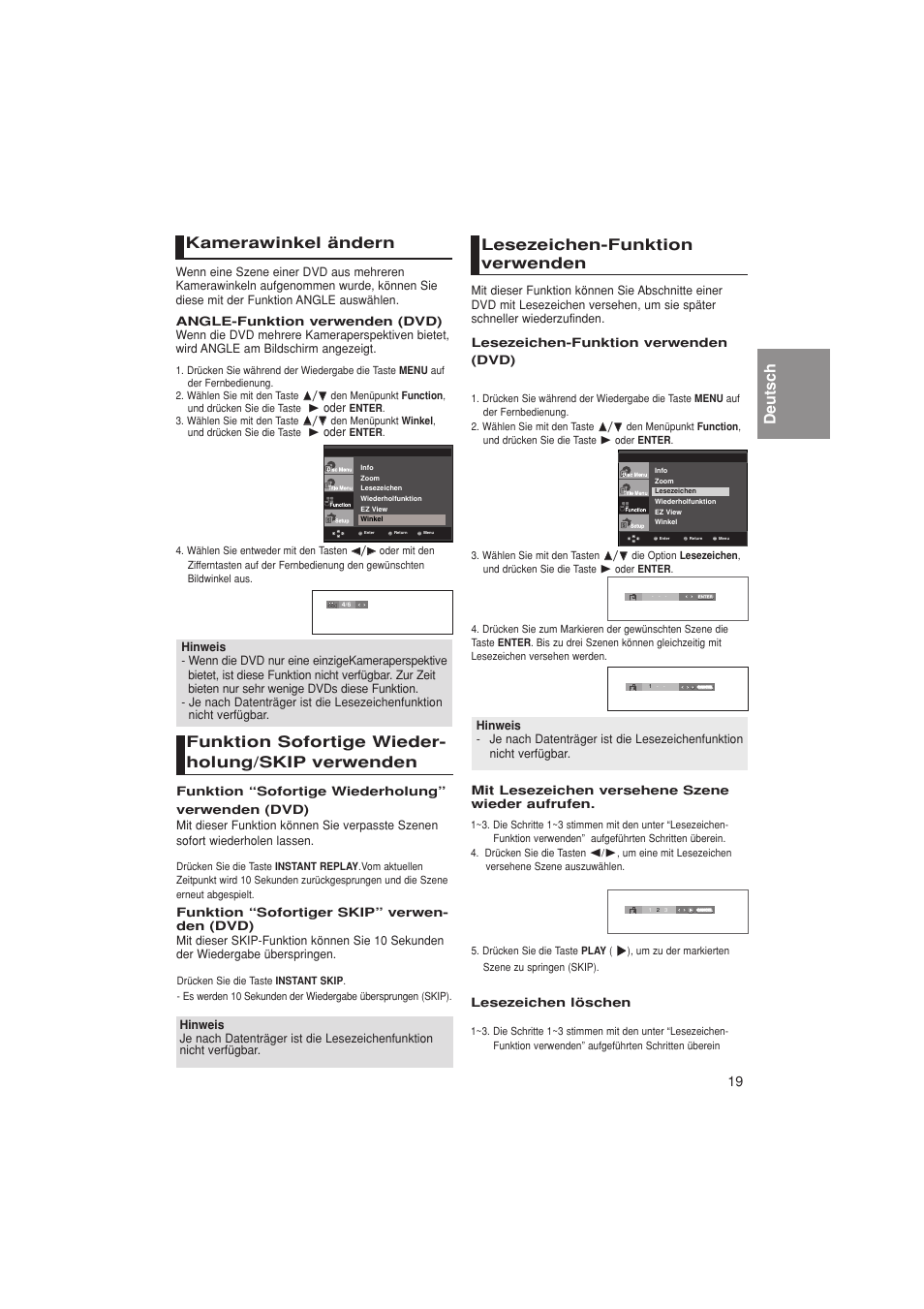 Deutsch kamerawinkel ändern, Funktion sofortige wieder- holung/skip verwenden, Lesezeichen-funktion verwenden | Samsung DVD-1080PK User Manual | Page 135 / 156