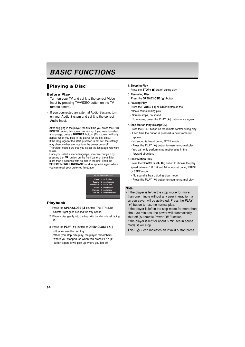 Basic, Basic functions functions, Playing a disc | Samsung DVD-1080PK User Manual | Page 14 / 156