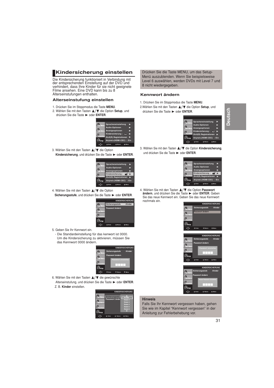 Deutsch, Kindersicherung einstellen, Kennwort ändern | Alterseinstufung einstellen | Samsung DVD-1080PK User Manual | Page 147 / 156