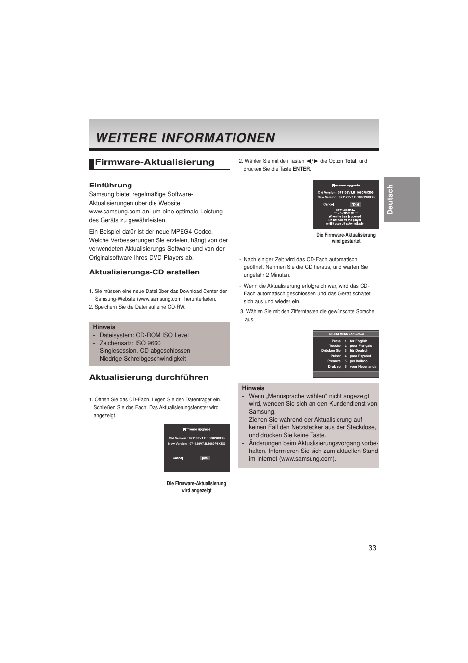Weitere informa, Weitere informa tionen tionen, Deutsch | Firmware-aktualisierung | Samsung DVD-1080PK User Manual | Page 149 / 156