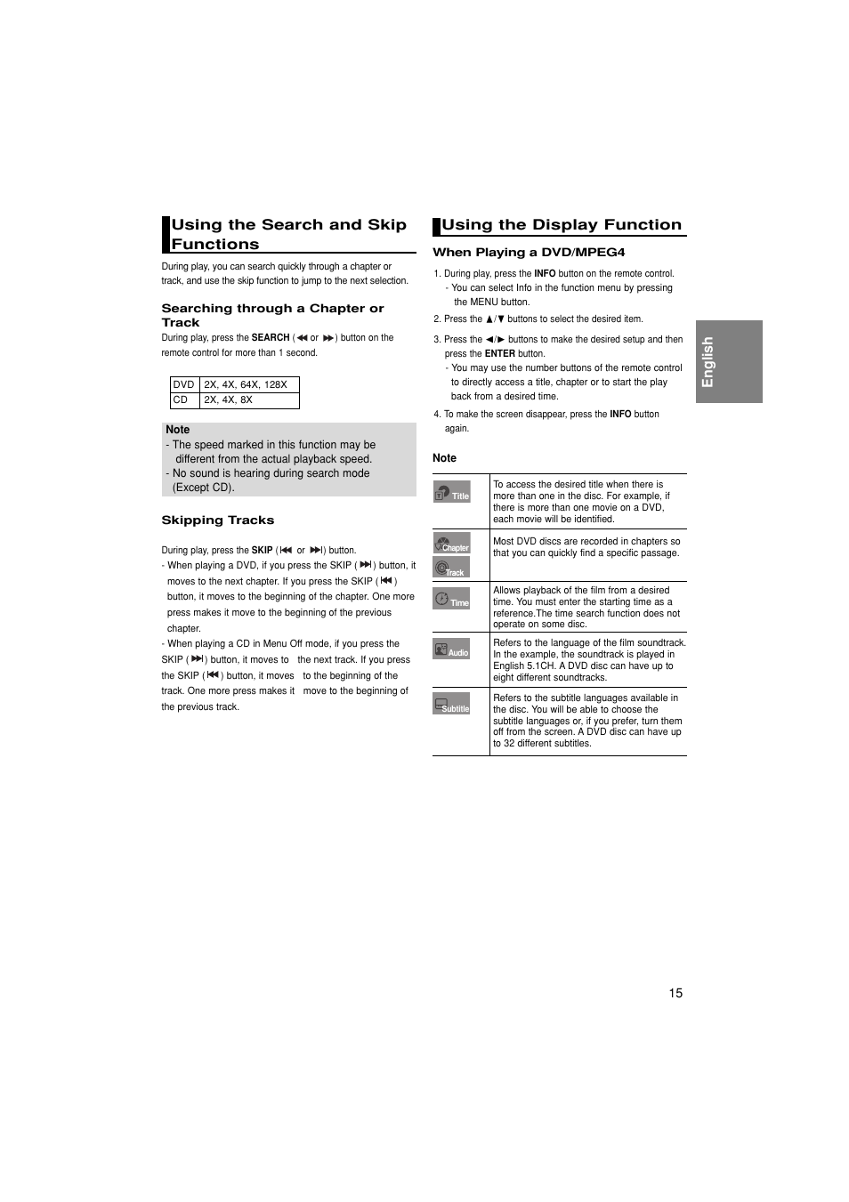 English using the search and skip functions, Using the display function | Samsung DVD-1080PK User Manual | Page 15 / 156