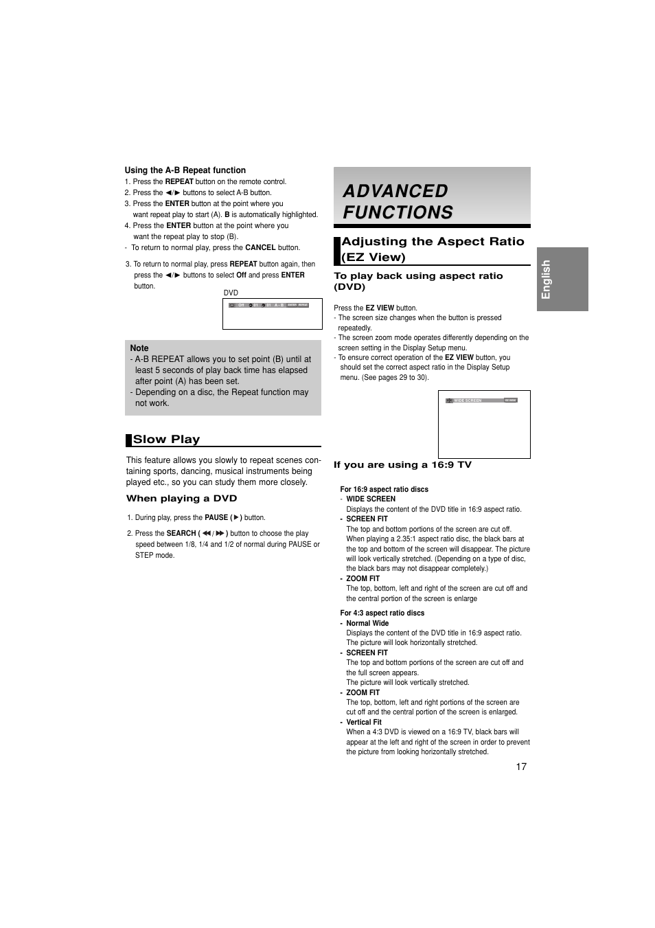 Adv anced anced functions functions, English, Slow play | Adjusting the aspect ratio (ez view) | Samsung DVD-1080PK User Manual | Page 17 / 156