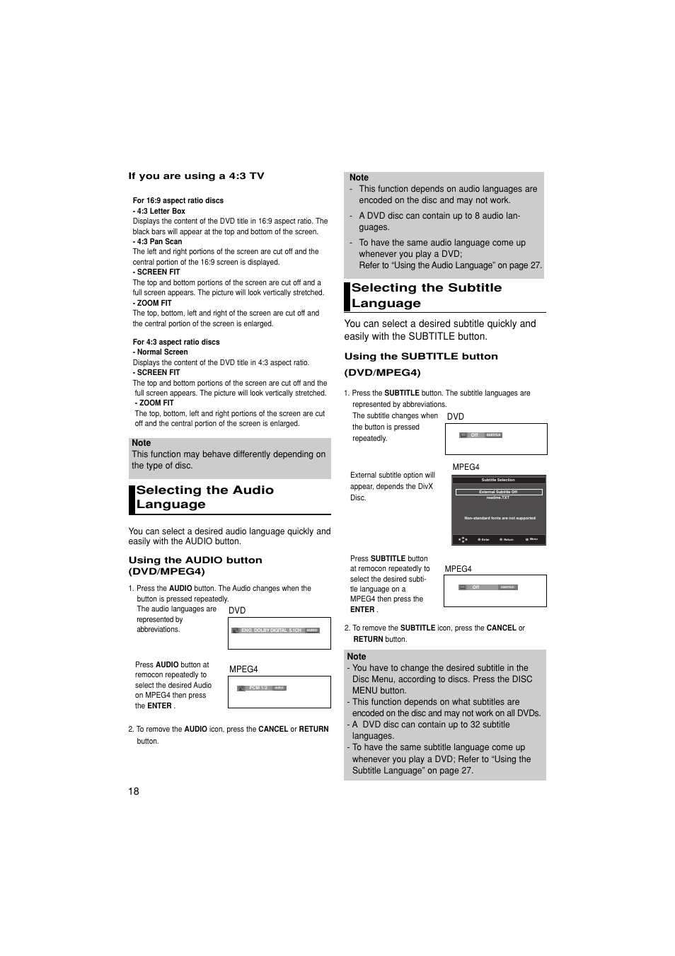 Selecting the audio language, Selecting the subtitle language | Samsung DVD-1080PK User Manual | Page 18 / 156