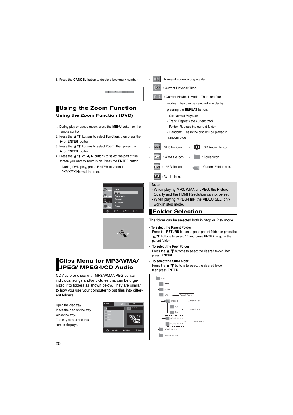 Using the zoom function, Clips menu for mp3/wma/ jpeg/ mpeg4/cd audio, Folder selection | Samsung DVD-1080PK User Manual | Page 20 / 156