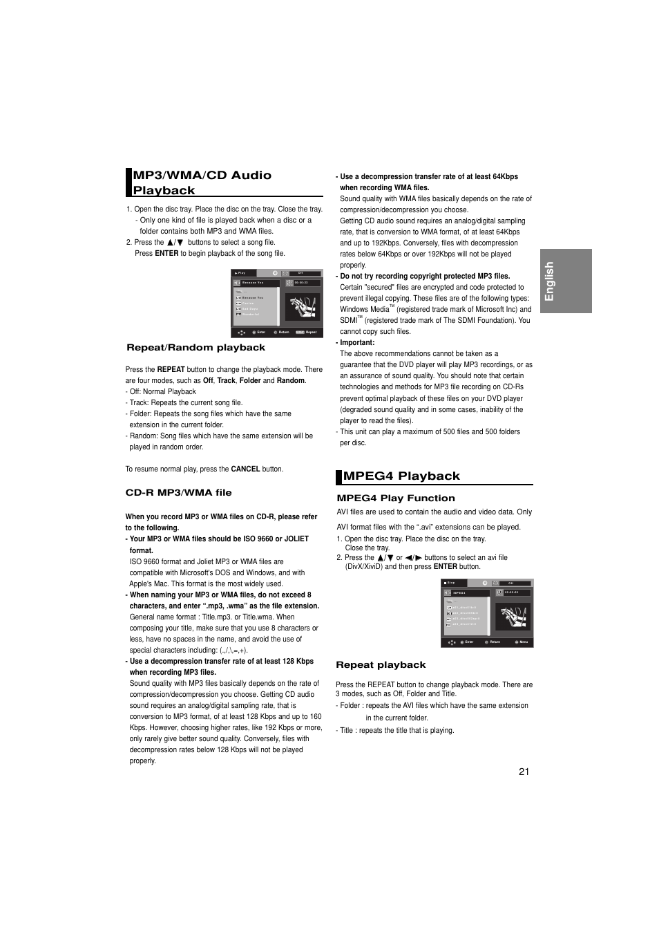 English mp3/wma/cd audio playback, Mpeg4 playback | Samsung DVD-1080PK User Manual | Page 21 / 156