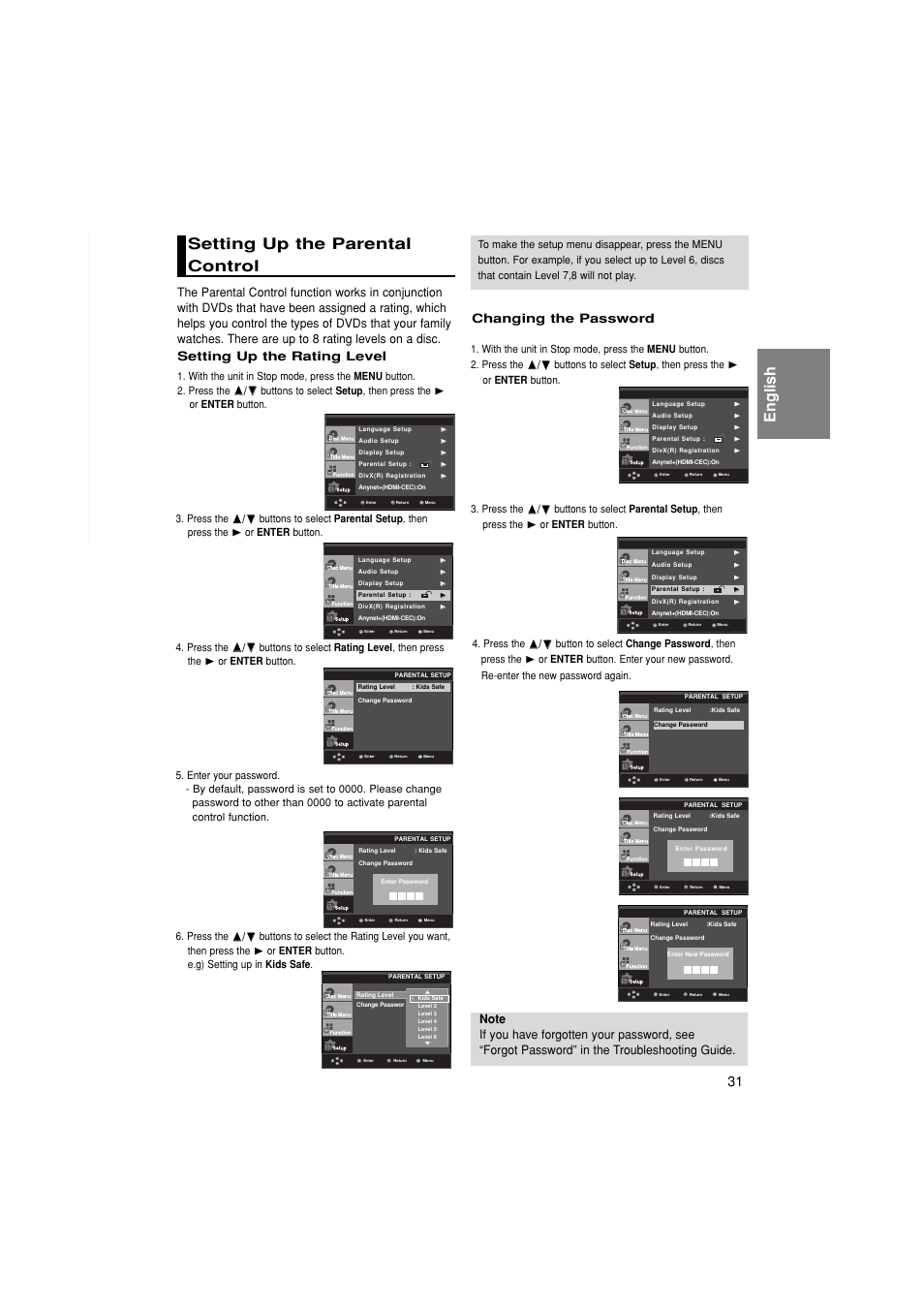 English, Setting up the parental control, Changing the password | Setting up the rating level | Samsung DVD-1080PK User Manual | Page 31 / 156