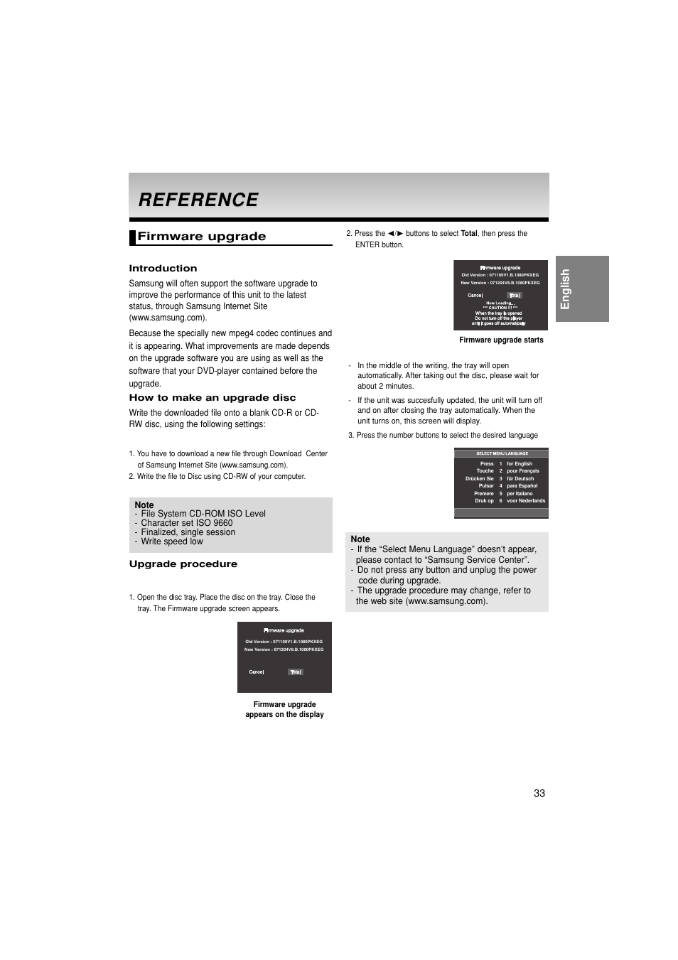 Reference, English, Firmware upgrade | Samsung DVD-1080PK User Manual | Page 33 / 156