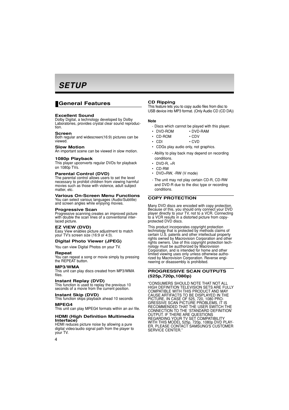 Setup | Samsung DVD-1080PK User Manual | Page 4 / 156